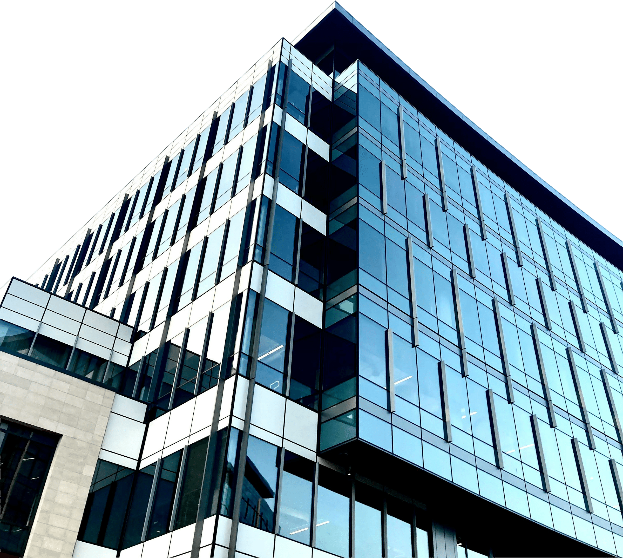 Modern glass-fronted building with a sleek facade, featuring vertical window panels reflecting the sky, emphasizing contemporary architecture.