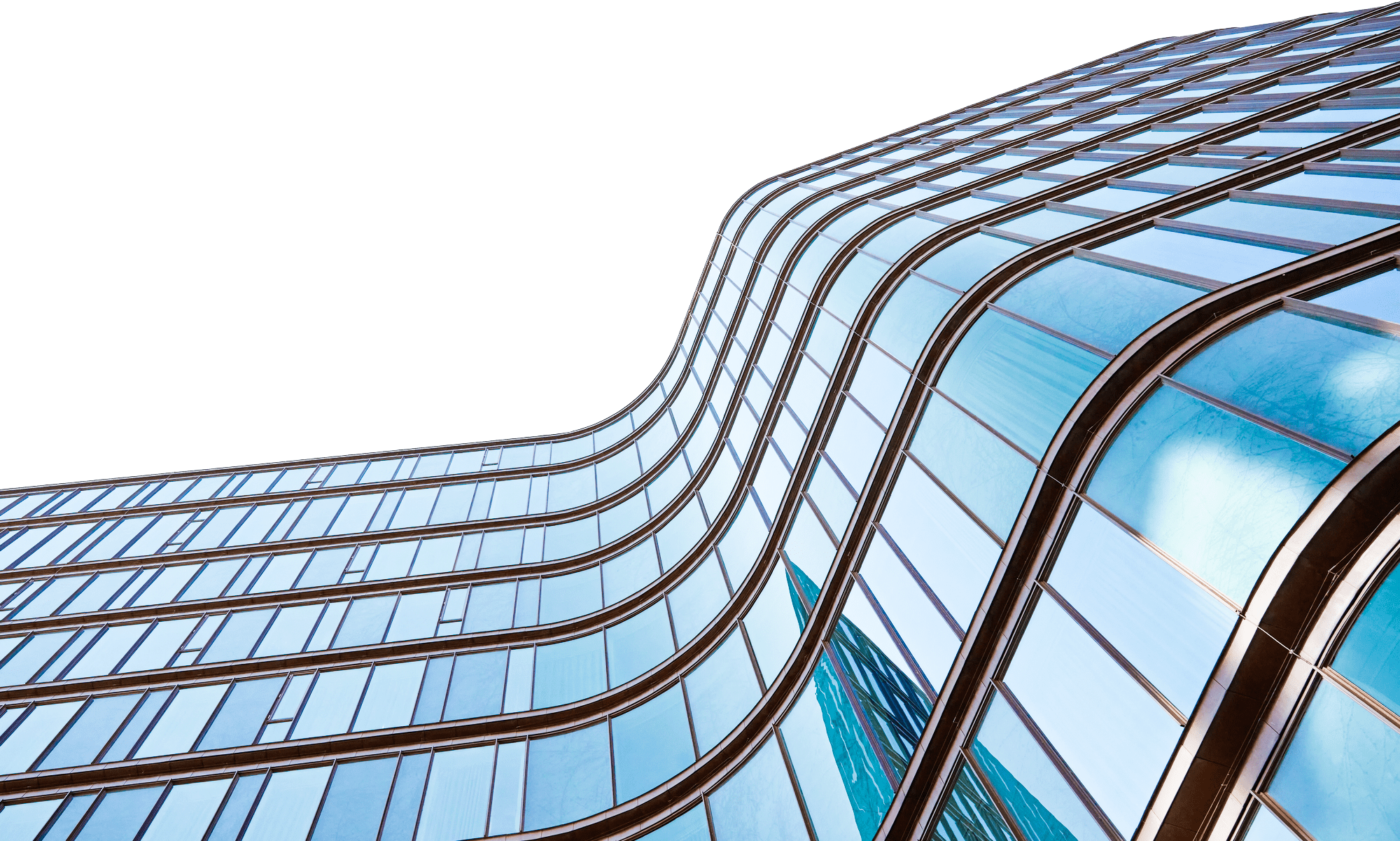 Curved glass facade of a modern building, reflecting the sky and surrounding structures, showcasing innovative architectural design.